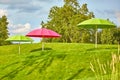 Two green and one purple sunny umbrellas on green grass against a cloudy sky. Umbrellas among the hills. Illustration of Royalty Free Stock Photo