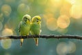 Two Green Parakeets Sitting on a Tree Branch Royalty Free Stock Photo