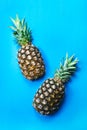 Two green pineapple cut in half on blue background. Flat lay tropical fruit creative concept. Design template