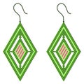 Two green-pink rhombus-shaped earrings with a gap