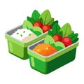 Two green meal prep boxes filled with rice vegetables and tomatoes Royalty Free Stock Photo