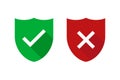 Two green and red shields with checkmark and cross isolated. Security or safe sign. Internet defence symbol. Web technology secure