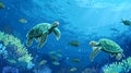 Two green sea turtles peacefully glide through a vibrant underwater seascape, surrounded by a diversity of coral and Royalty Free Stock Photo