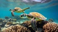 Two green sea turtles swimming over a coral reef Royalty Free Stock Photo