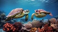 Two green sea turtles swimming over a coral reef Royalty Free Stock Photo