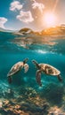 two green sea turtles swimming under water in the sunlight with sun shining behind them Royalty Free Stock Photo