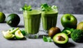 Two green smoothies with avocado and lime