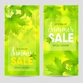 Two green vertical rectangular backgrounds with maple leaves snd tree branches and inscription Summer Sales