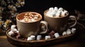 Two grey cups of hot chocolate with marshmallows. top view