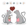 Two grey mice with a heart shaped balloon and flowers; isolated mice characters; vector illustration EPS10