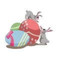 Two grey rabbits with colorful eggs on isolated white background for Easter topic, vector illustration for postcards, covers of