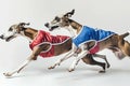 Two greyhounds in racing jackets sprinting side by side on a white background Royalty Free Stock Photo