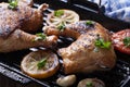 Two grilled chicken legs and vegetables on the grill pan macro Royalty Free Stock Photo