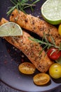 Two grilled filet salmon steaks with herbs, tomatoes, lime and spices Royalty Free Stock Photo