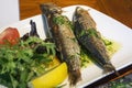 Two grilled fish on the plate with verdancy Royalty Free Stock Photo