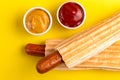 Two grilled french hot dogs with mustard and ketchup Royalty Free Stock Photo