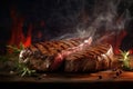 Two grilled meat steaks with smoke with rosemary and pepper on cutting board on flame background Royalty Free Stock Photo