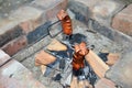 Two grilling sausages over a fire in summer Royalty Free Stock Photo