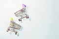 Two grocery baskets with wheels on a light background. Royalty Free Stock Photo