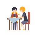 Two Guests Having Lunch At Restaurant Hotel Themed Primitive Cartoon Illustration Royalty Free Stock Photo