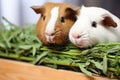 two guinea pigs eating spinach leaves in a cage Royalty Free Stock Photo