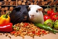 two guinea pigs munching vegetables together in a cage Royalty Free Stock Photo