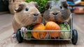 Two guinea pigs sitting on top of a metal cart filled with vegetables, AI Royalty Free Stock Photo