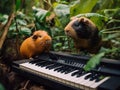 Two guineas are playing with a keyboard in the woods. Generative AI image.