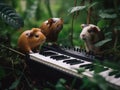 Two guineas are playing on a keyboard in the woods. Generative AI image. Royalty Free Stock Photo