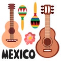 Two guitars, two maracas and Mexico lettering vector illustration Royalty Free Stock Photo