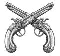 Crossed flintlock pistols, sketch. Two guns, firearms. Hand drawn vintage vector illustration Royalty Free Stock Photo