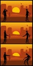 Two gunslingers duel. Desert sunset. Color flat vector illustration. Royalty Free Stock Photo