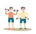 Two guys doing exercises with dumbbells. Healthy lifestyle. Vector illustration, isolated on white.