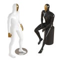 Two guys mannequin with a golden face in a standing and sitting pose. 3d rendering