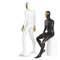 Two guys mannequin with a golden face in a standing and sitting pose. 3d rendering
