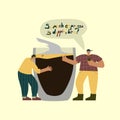 Two guys next to each other with a big glass of espresso. Friends talking about coffee. Conceptual illustration with