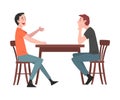 Two Guys Sitting at Table in Cafe, People Drinking Coffee and Relaxing at Coffeehouse or Coffee Shop Vector Illustration Royalty Free Stock Photo