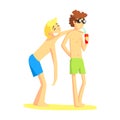 Two Guys In Swimshorts, One Is Drinking Soda From A Can, Part Of Friends In Summer On The Beach Series Of Vector