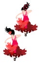 Two gypsy girls dressed in dresses with a waving hem synchronously dancing flamenco Royalty Free Stock Photo