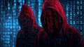 Two hackers in hoodies are obscured by a mask of red binary code against a backdrop of digital data, AI Generated
