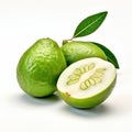 Two Half Cut Guavas On White Background: Combining Natural And Man-made Elements