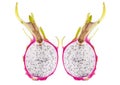 Two half dragon fruit pitaya, on white background Royalty Free Stock Photo