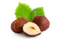 Two and half hazelnuts with skin and green leaves  on white. Closeup Royalty Free Stock Photo