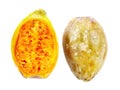 Two half pieces of cactus fruit on white