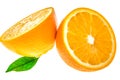 Two halfs orange with leaves isolated on white Royalty Free Stock Photo