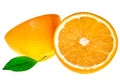 Two halfs orange with leaves isolated on white Royalty Free Stock Photo