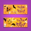 Two Halloween horizontal banners with candies, bats and pumpkins on orange background. Trick or Treat. Halloween banner Royalty Free Stock Photo