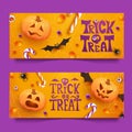 Two Halloween horizontal banners with candies, spiders, bats and pumpkins on orange background. Halloween banner Royalty Free Stock Photo