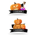 Two Halloween icons with black ribbons and `click here` buttons. Original icons-links for your business. Royalty Free Stock Photo