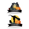 Two Halloween icons with black ribbons and `click here` buttons. Original icons-links for your business Royalty Free Stock Photo